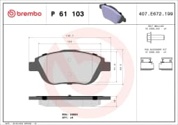 P61103 BREMBO Pastillas de freno delanteras original y equivalente